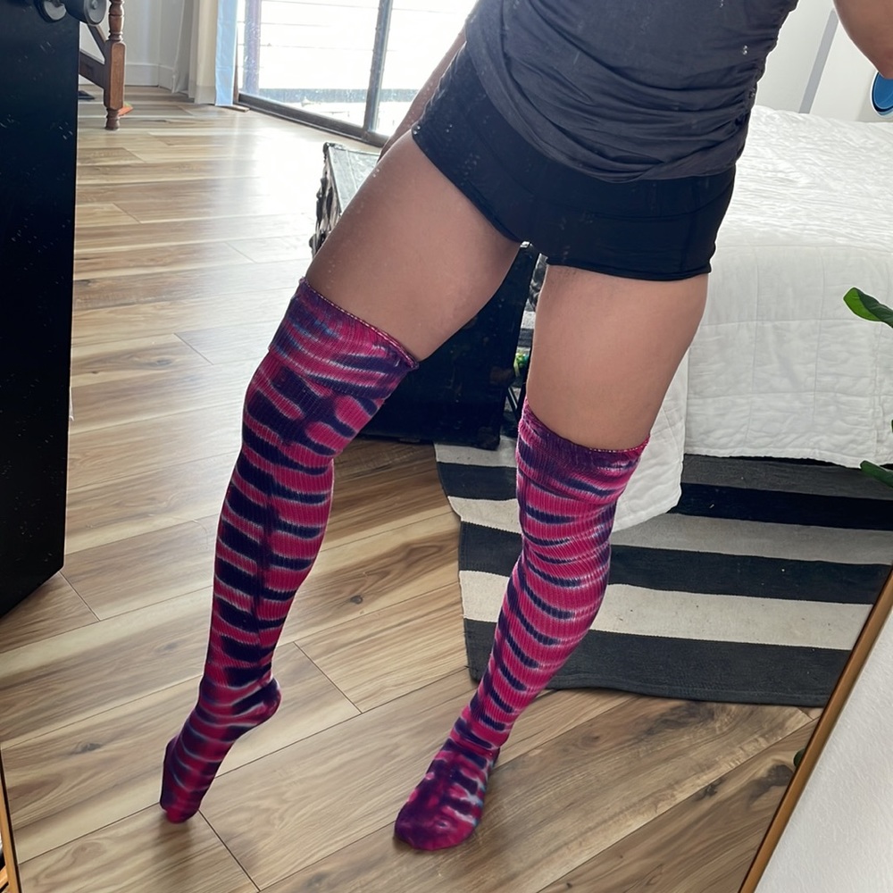 Tie dye thigh high pink purple festival socks